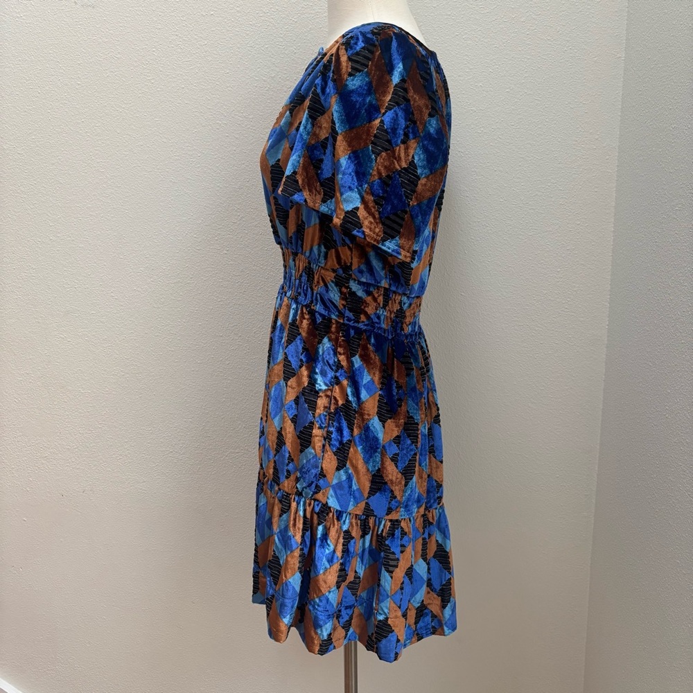 Anthropologie Somerset Mini Dress Velvet Geometric Blue Rust Motif Size Small - Picture 5 of 11